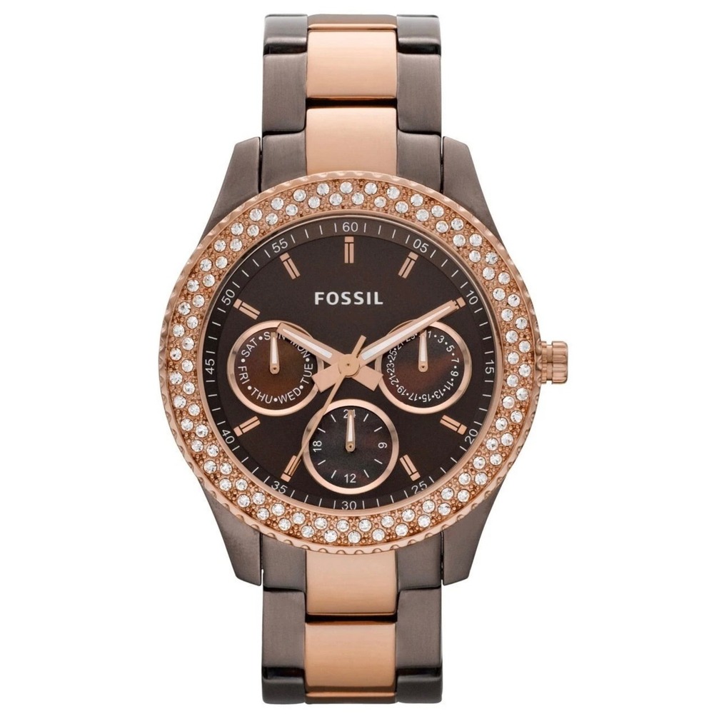 Fossil Stella ES2955 Two Tone Brown Rose Gold Crystal Bezel Women's Watch